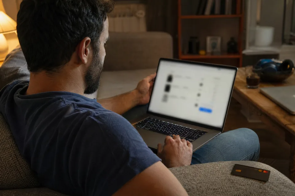 Shopper with a cart open on a laptop and a card on the armrest