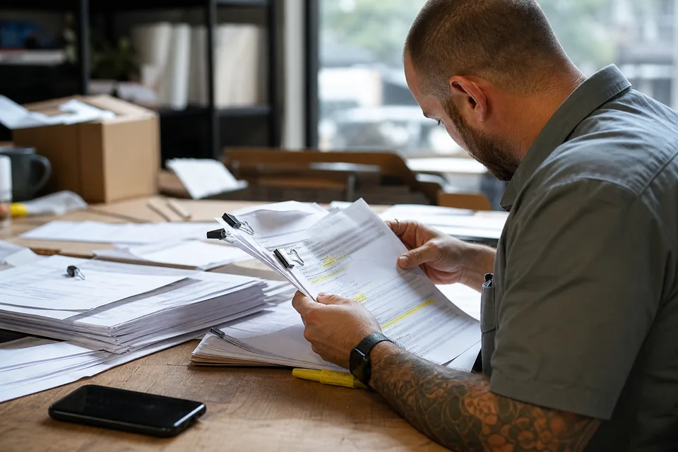 Stack of printed invoices with a highlighter