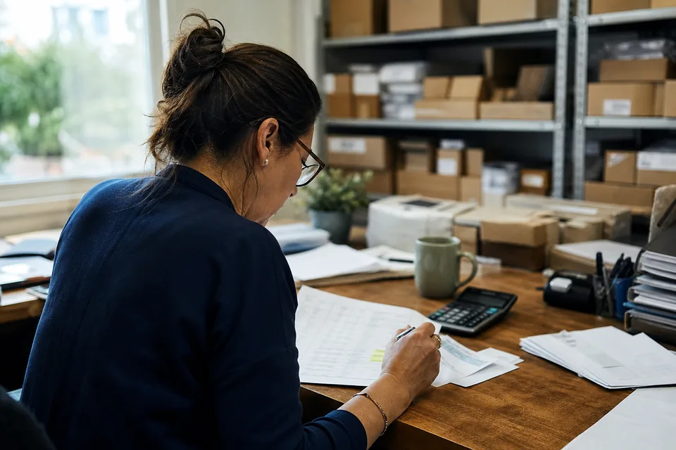 Finance manager comparing a billing statement against a calculator in a back office