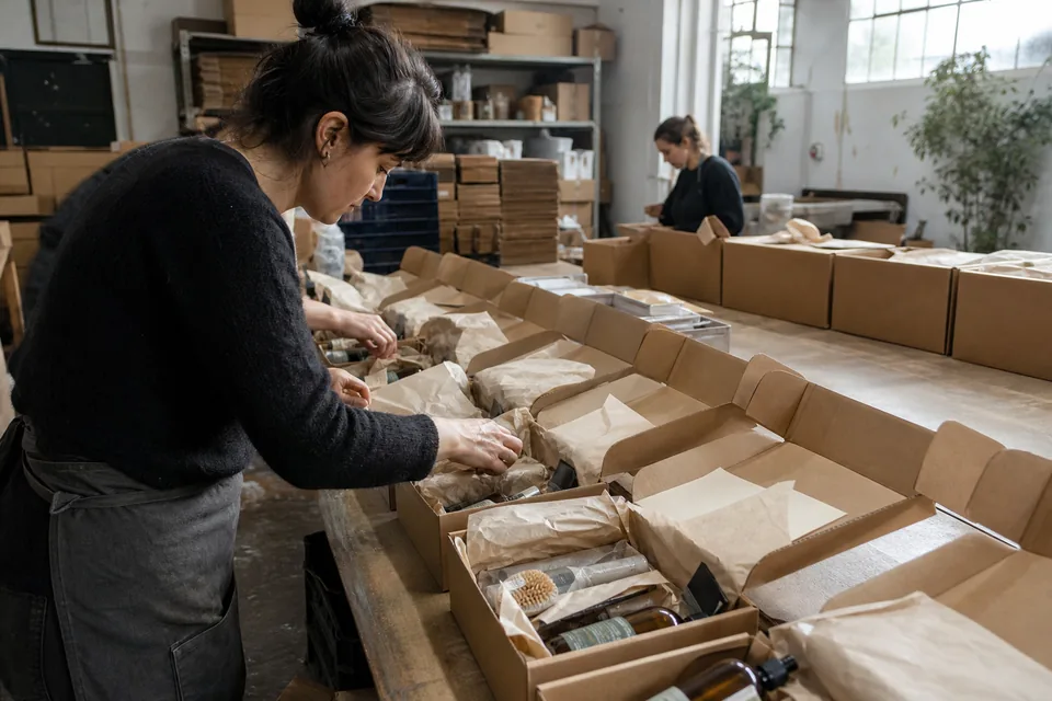 Subscription boxes being packed on a table